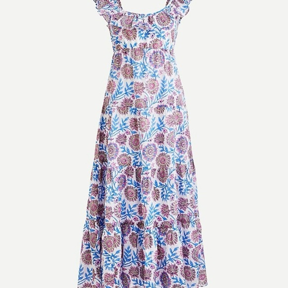 J. Crew Tiered ruffleneck dress in floral vine block print White Midi Midi Dress - Picture 3 of 12